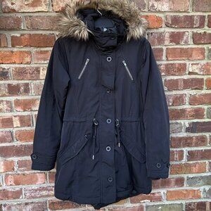 Athleta Primaloft Peak Parka Jacket Coat Hooded Small Black Detachable Fur